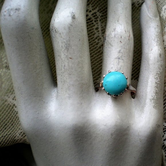 Vintage Russian Russia 14K 583 Rose Pink White Gold Turquoise Solitaire Ring - Picture 4 of 8